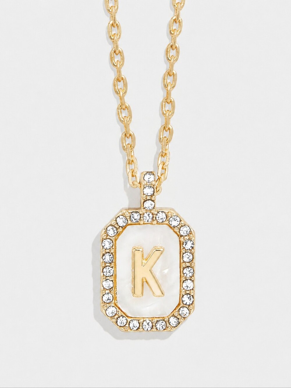 NWT BaubleBar Gold Mother of Pearl Initial K Necklace CZ Pavé Pendant Preppy CC